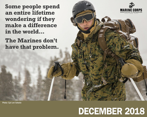 Sgt. Levi Shultz, presently pulling duty at Recruiting Station Des Moines, Iowa, made the Marine Corps Association 2018 calendar with his photo of cold weather training.