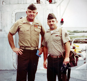 Sergeant Major Robert E. Cleary, 10th Sergeant Major of the Marine Corps and Sgt. Gary Bégin, JPAO, New Orleans, May 1984. (Photo by Staff Sgt Angel Arroyo)