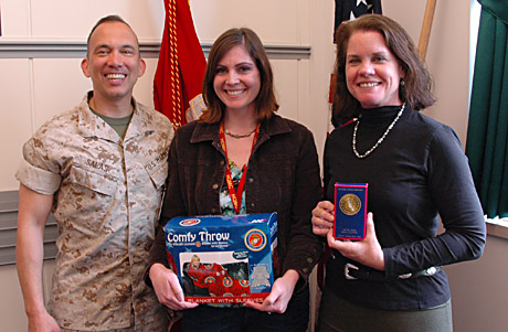Col. Bryan Salas, USMC Dir. of public affairs; Jessica OHaver, HQMC (1st place chili); and Gina Cavallaro of Marine Times (2nd place chili) at the Marine DivPA annual chili cookoff.