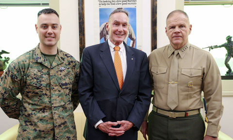Master Sgt. Jeremy Vought, left, Keith Oliver and Marine Corps Commandant Gen. Robert Neller at the Pentagon.