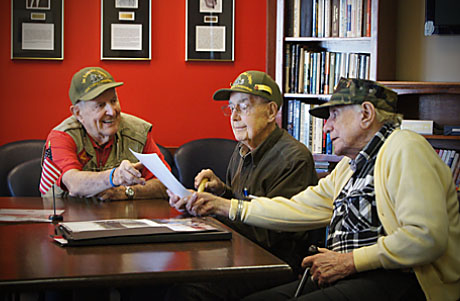 Floyd Hunter, Dale Cook and Ken Goulardt gathered for lunch on the 70th anniversary of the Battle of Iwo Jima to share their memories of the war with reporter Wayne Freedman, ABC7 News in the San Francisco area. To view the interview please go to the <a href=