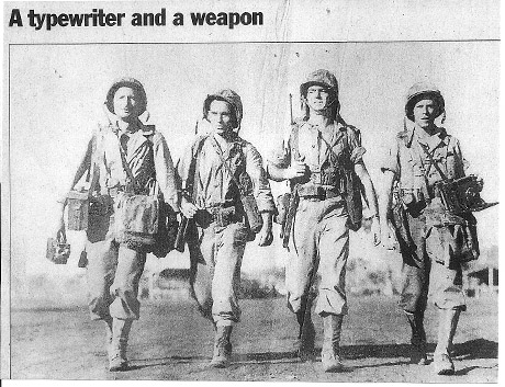 Denig's Demons Go To War: Four of the first Marine combat correspondents are shown in the war zone. From left: Sgt. Al Monteverde, SSgt. Sam Stavisky, SSgt. Jerry O'Leary, and Sgt. Bob Brenner. These men carried both rifle and typewriter. Sgt. Monteverde, a photographer was killed in action. The remaining three would survive the war and come back to newspaper jobs in Washington. All are now deceased.