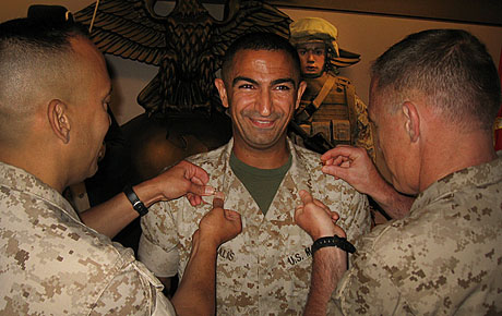 CC Member Major Al Eskalis has his new gold leaves pinned on by Col. Bryan Salas, (l) Director of Information, and Life Member LtCol. Chris Hughes (r) Deputy Director of Information during June 1 ceremonies at HQMC.