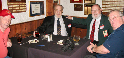 Four of the last surviving active duty Marines who served on Leatherneck Magazine in uniform, gathered at the Globe & Laurel Restaurant outside Quantico on October 24, to celebrate the 100th anniversary of the magazine. (L-R) All retirees: CWO4 Bill Parker, Assistant Editor-Publisher; and combat correspondents Capt Bob Bowen, MGySgt Ed Evans, and MSgt Paul Thompson.