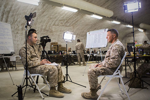 CWO3 Paul Mancuso, left, interviews Lt. Col. Adam L. Chalkley during Large Scale Exercise 17 (LSE-17) at Twentynine Palms, California last August.
