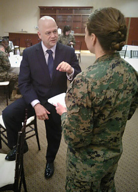 New York University’s Fred Garcia chats with I MEF deputy PAO Maj. Staci Reidinger following the final session of the MEF’s second annual Communications Summit.