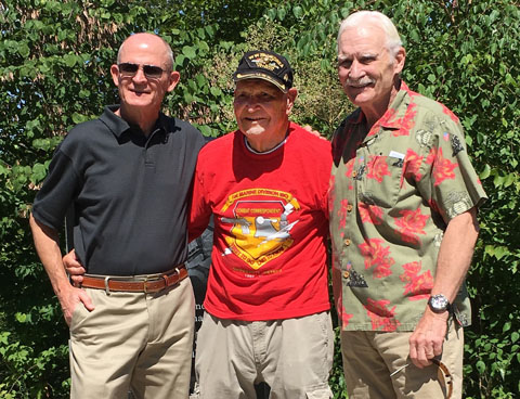 Retired Major Mawk Arnold (center) is joined by lst Marine Division Snuffies, retired Captains Russ Thurman (left) and Dale Dye, during a visit to the Denig Memorial at the Marine Corps Museum during the 2016 annual conference. (Photo by former Captain Debbie Thurman) 