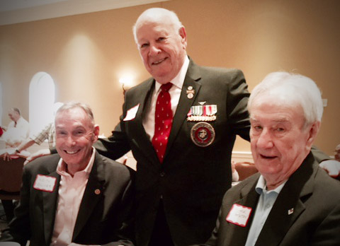 Three key members of the USMCCCA Combat Correspondents Association living in the Orlando, FL area celebrated the 242nd Birthday of the Marine Corps attending an SOS Breakfast sponsored by the Central Florida Chapter, 1st Marine Division Association. From left: Keith Oliver, National President, Bob Jordan, and Jack Paxton, National Executive Director. The guest speaker was retired BrigGen. Tom Draude, who, prior to his Marine retirement several years ago was Director of Information. In addition to one of the best speeches any of us had heard, his parting words to me:
