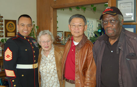 Members of the Los Angeles Chapter at the Bob Tallent annual Toys for Tots Drive. Left to Right GySgt. Sergio Jimenez, Mrs. Pauline Tallent (wife of Bob Tallent), Frank Lee, Tom Peters.