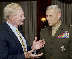 Denig winner, Francis "Bing" West talks to guest of honor Gen John M. Paxton Jr., Assistant Commandant of the Marine Corps. (Photo by SSgt Jeffrey D. Anderson)